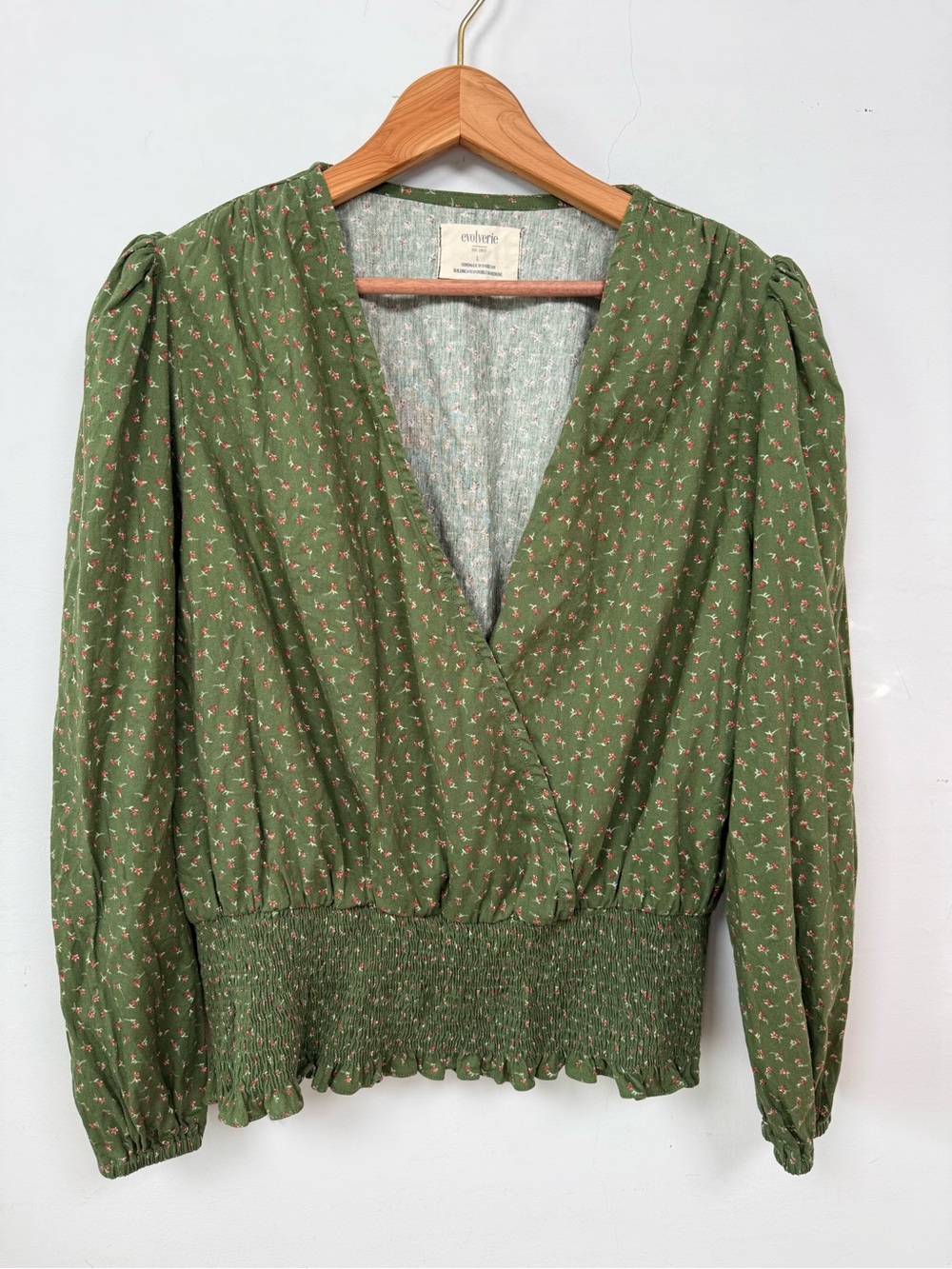 Evolverie Olive Green Floral Wrap Crop Top Long Sleeve Smocked Waist Large